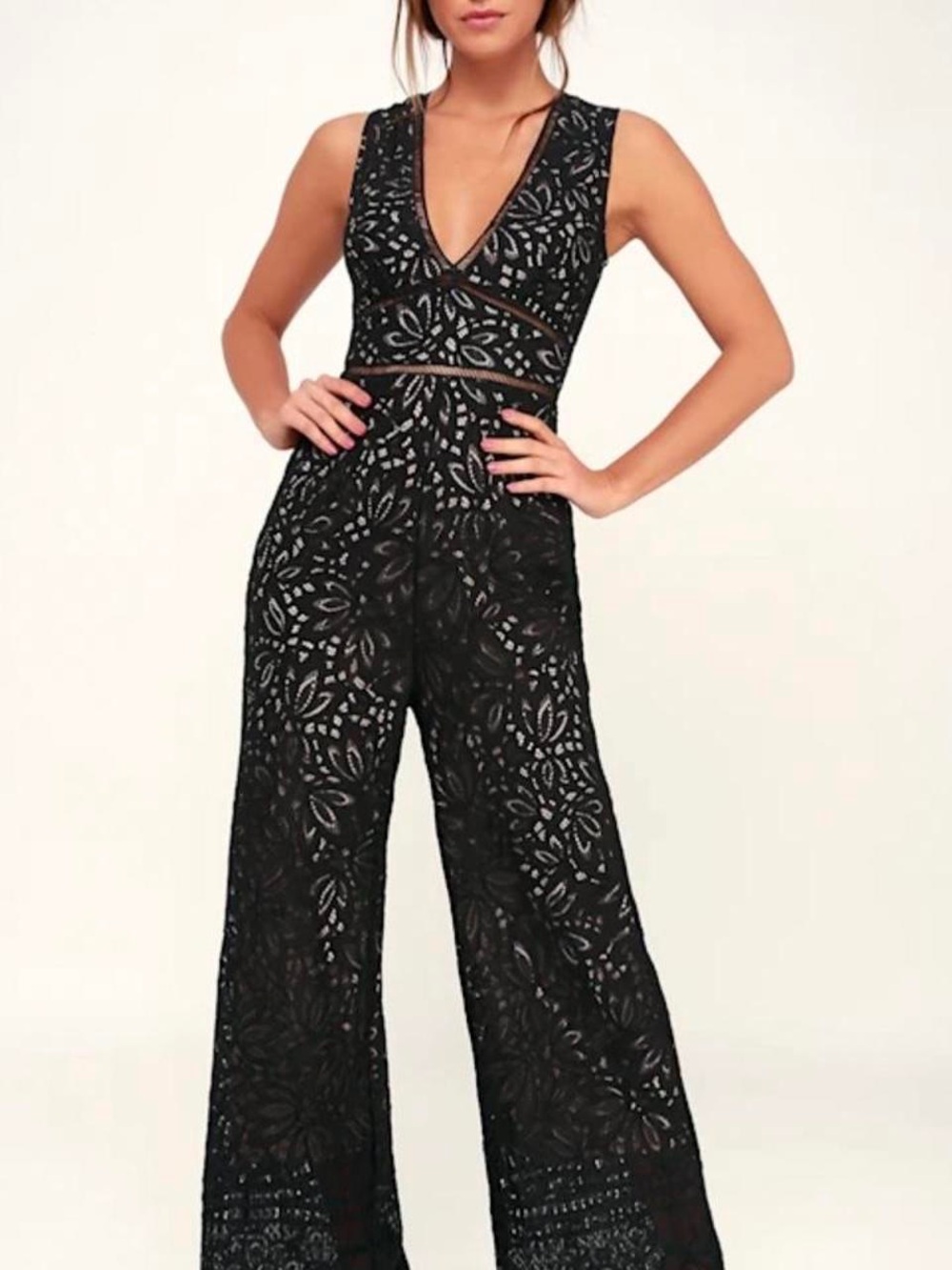 Lulu's Black Lace V-Neck Wide-Leg Jumpsuit